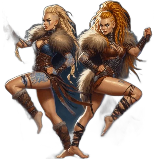 fantasy art, concept art, comic book art, pixel art, earth tones, golden, two, female transparent PNG cut-out