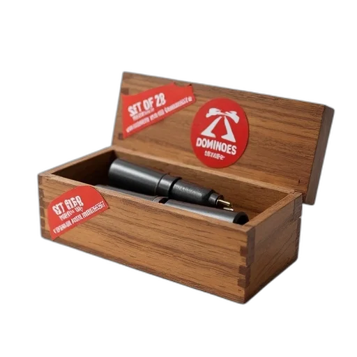weapon, wooden, box, red, logo, reads, dominoes, white transparent PNG cut-out