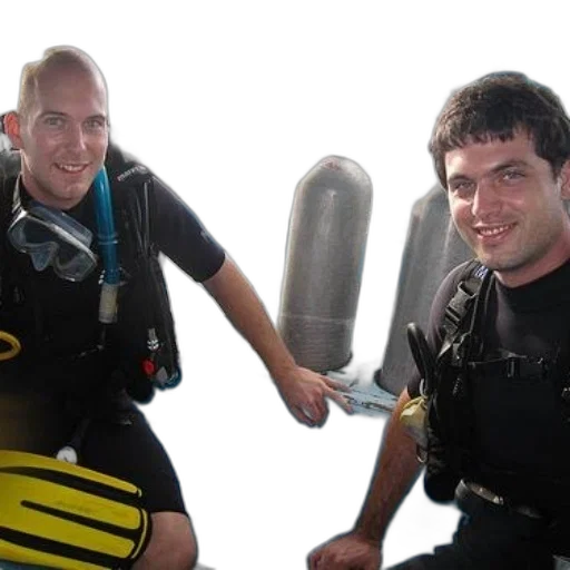 staff, underwater, two, men, scuba, gear, sit, boat transparent PNG cut-out