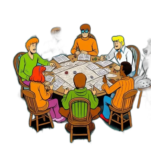 staff, concept art, comic book art, vibrant, turquoise-toned, room, players, gather transparent PNG cut-out