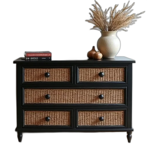 furniture, 3d render, dark, earth tones, black, dresser, wicker, texture transparent PNG cut-out