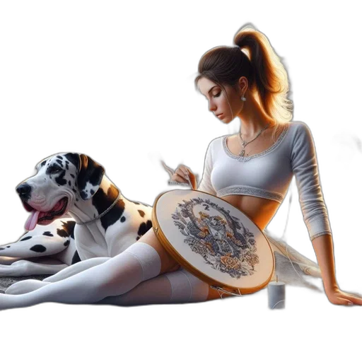 animal, jewelry, concept art, photorealistic, fantasy art, oil painting, woman, embroidering transparent PNG cut-out