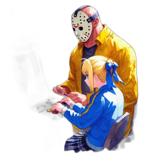 mask, jacket, face, robot, concept art, pixel art, comic book art, watercolor transparent PNG cut-out