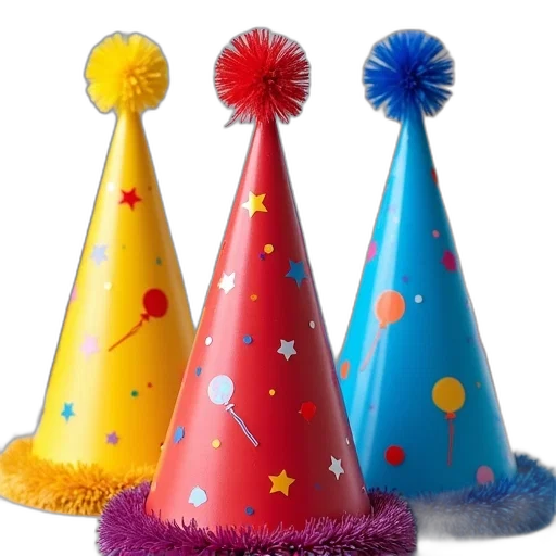 hat, crown, 3d render, three, colorful, party, hats, tassels transparent PNG cut-out