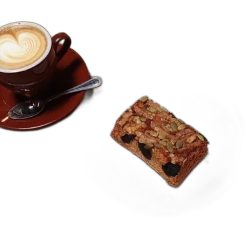 food, latte, heart-shaped, foam, design, sits, next, slice transparent PNG cut-out