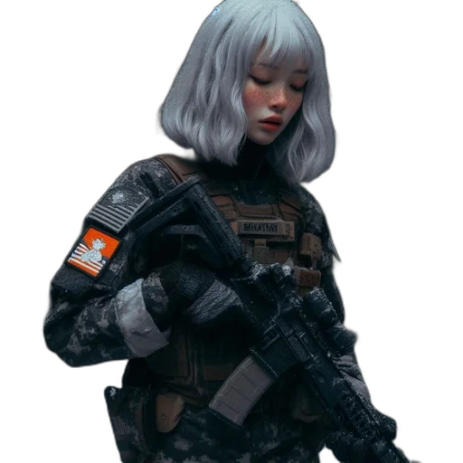 weapon, robot, jacket, face, concept art, cyberpunk, 3d render, pixel art transparent PNG cut-out