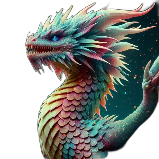 dragon, creature, fantasy art, concept art, 3d render, photorealistic, multicolored, glittery transparent PNG cut-out