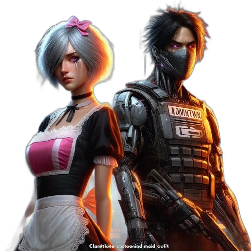 concept art, cyberpunk, 3d render, comic book art, two, individuals, stand, amidst transparent PNG cut-out