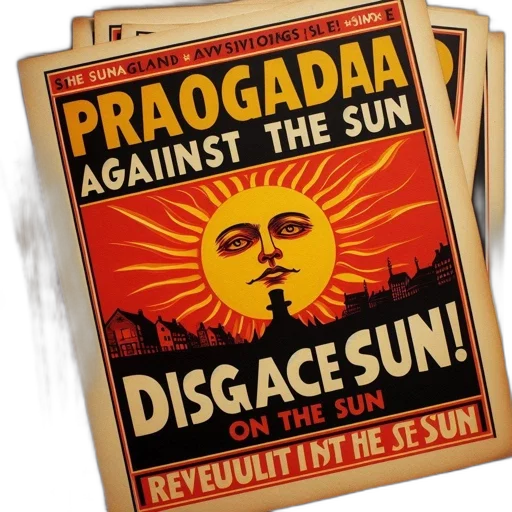 satirical, propaganda-style, poster, features, sun, human, face, multiple transparent PNG cut-out