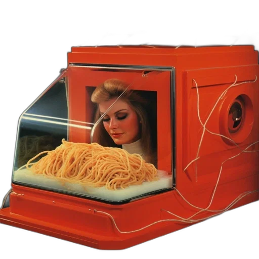 food, robot, furniture, hair, 3d render, cyberpunk, photorealistic, vaporwave transparent PNG cut-out