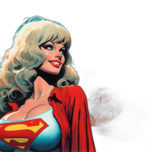 comic book art, concept art, photorealistic, supergirl, batman, pose, together, smiling transparent PNG cut-out