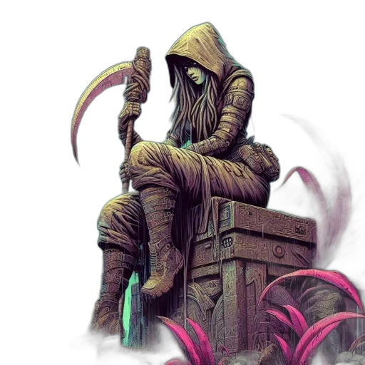 creature, staff, mask, concept art, fantasy art, cyberpunk, comic book art, green transparent PNG cut-out