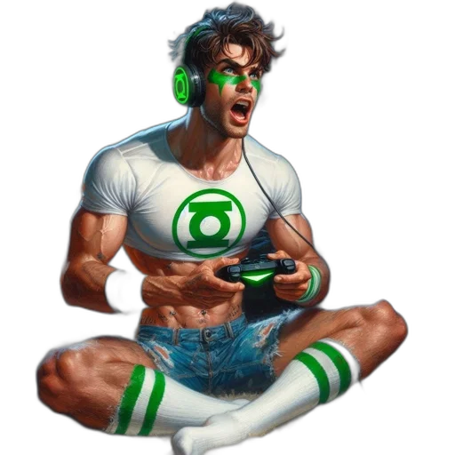 concept art, comic book art, 3d render, pixel art, green, muscular, man, plays transparent PNG cut-out