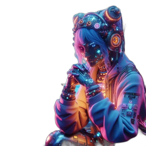 robot, jacket, mask, jewelry, cyberpunk, vaporwave, concept art, 3d render transparent PNG cut-out