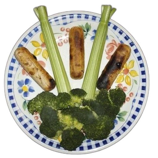 food, weapon, staff, photorealistic, plate, broccoli, celery, blue transparent PNG cut-out