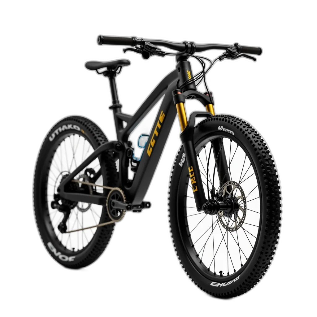3d render, close-up, mountain, bike, black, frame, golden, accents transparent PNG cut-out