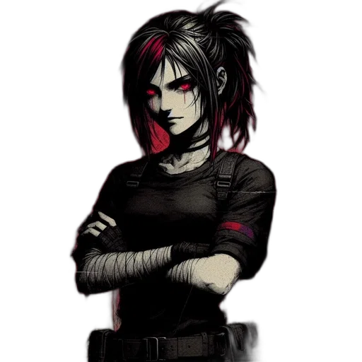 staff, concept art, pixel art, comic book art, cyberpunk, red, dark, female transparent PNG cut-out