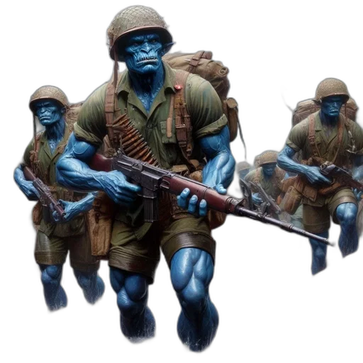 weapon, concept art, 3d render, comic book art, fantasy art, blue, blue-skinned, military transparent PNG cut-out