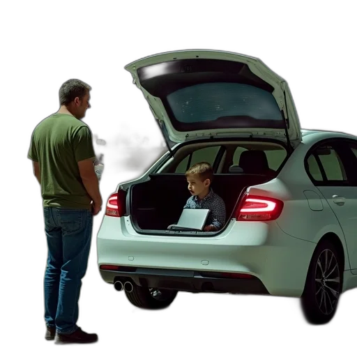 car, man, green, shirt, jeans, standing, next, white transparent PNG cut-out