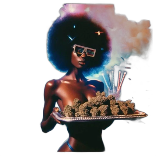 food, concept art, afro-haired, woman, blue, outfit, wears, large transparent PNG cut-out