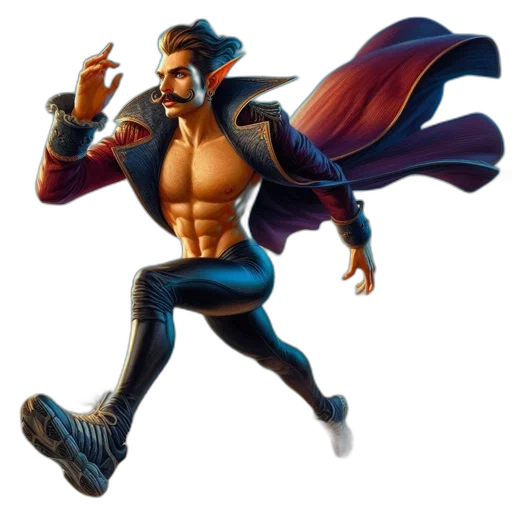 concept art, 3d render, comic book art, fantasy art, muscular, man, mustache, runs transparent PNG cut-out