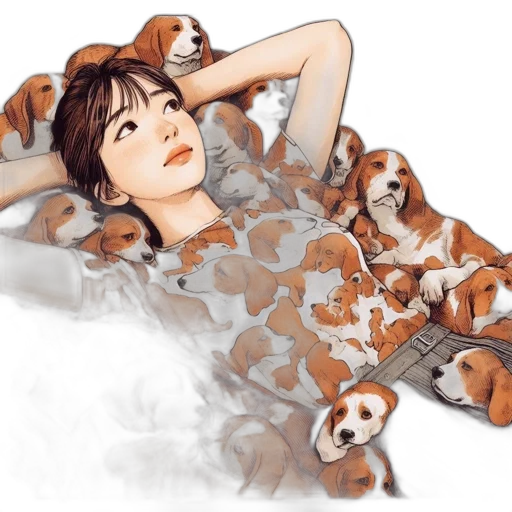 watercolor, photorealistic, concept art, cartoon, young, woman, reclines, among transparent PNG cut-out
