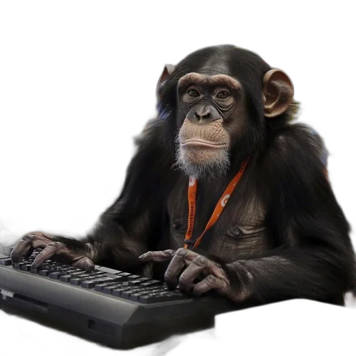 staff, animal, 3d render, chimpanzee, sits, desk, store, wearing transparent PNG cut-out