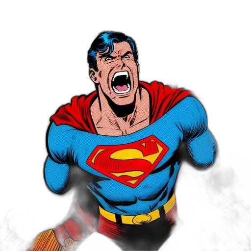 comic book art, concept art, cartoon, photorealistic, superman, angry, pose, against transparent PNG cut-out