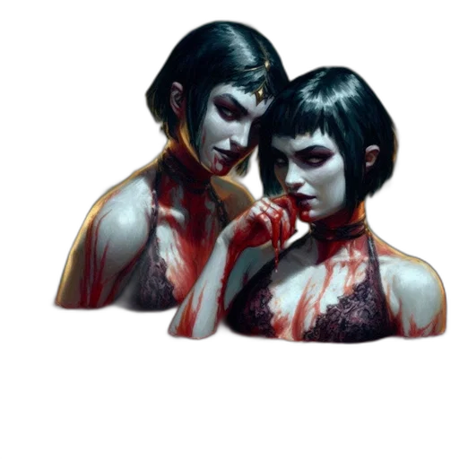 concept art, comic book art, cyberpunk, fantasy art, red, dark, two, female transparent PNG cut-out