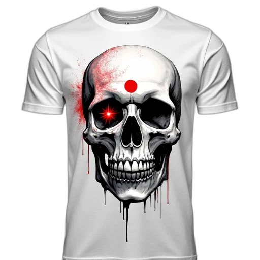3d render, cyberpunk, white, t-shirt, graphic, skull, red, eye transparent PNG cut-out