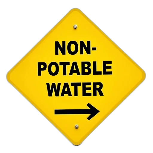underwater, yellow, sign, black, text, reads, non-potable, water transparent PNG cut-out