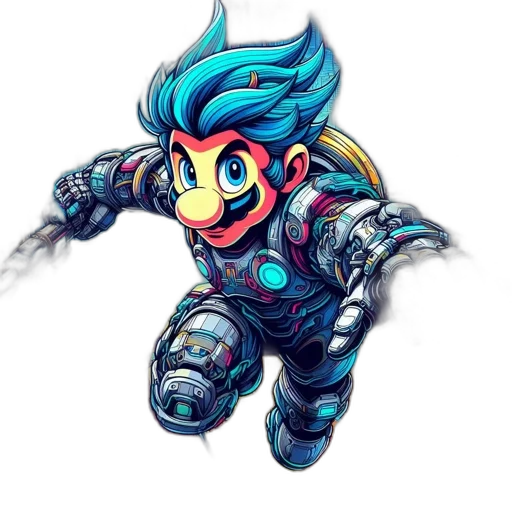 robot, weapon, concept art, pixel art, comic book art, fantasy art, blue, illustrates transparent PNG cut-out