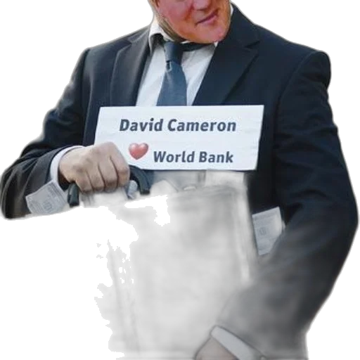man, suit, holds, briefcase, sign, reads, david, cameron transparent PNG cut-out