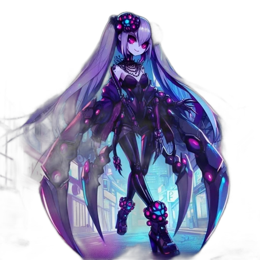 dress, robot, concept art, cyberpunk, fantasy art, anime, neon lights, dark transparent PNG cut-out