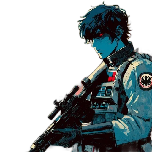 jacket, weapon, concept art, cyberpunk, comic book art, pixel art, blue, dark transparent PNG cut-out