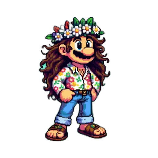 flower, crown, staff, pixel art, vaporwave, cartoon, concept art, mario transparent PNG cut-out
