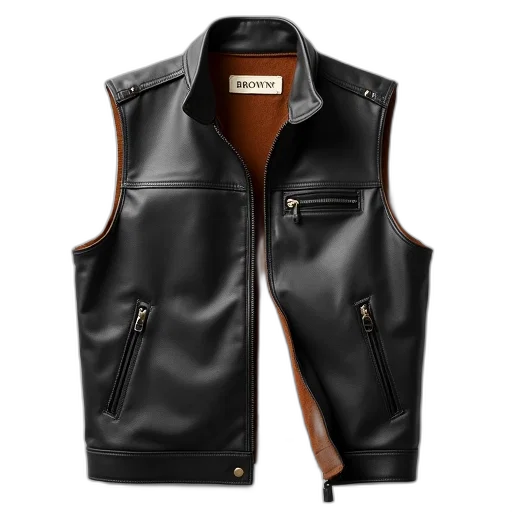 jacket, black, leather, vest, brown, lining, displayed, against transparent PNG cut-out