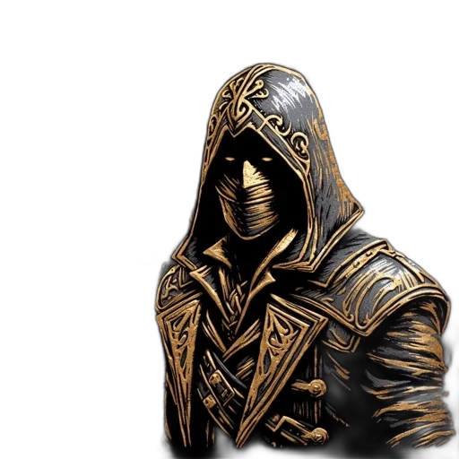 mask, jacket, sword, staff, concept art, fantasy art, 3d render, pixel art transparent PNG cut-out