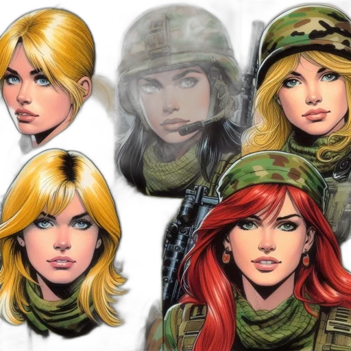 comic book art, concept art, fantasy art, photorealistic, green, collage, five, women transparent PNG cut-out