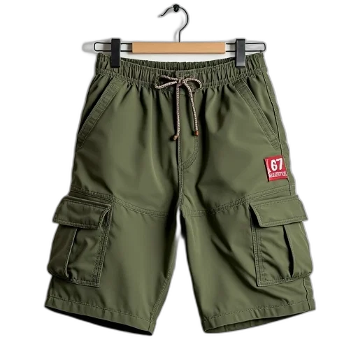 green, pair, military-style, cargo, shorts, multiple, pockets, drawstring transparent PNG cut-out