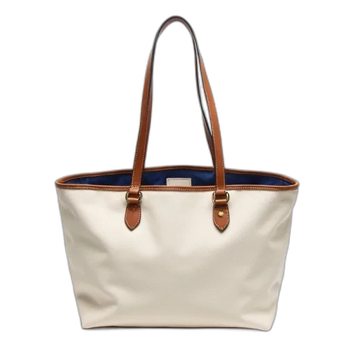 white, canvas, tote, bag, brown, leather, trim, blue transparent PNG cut-out