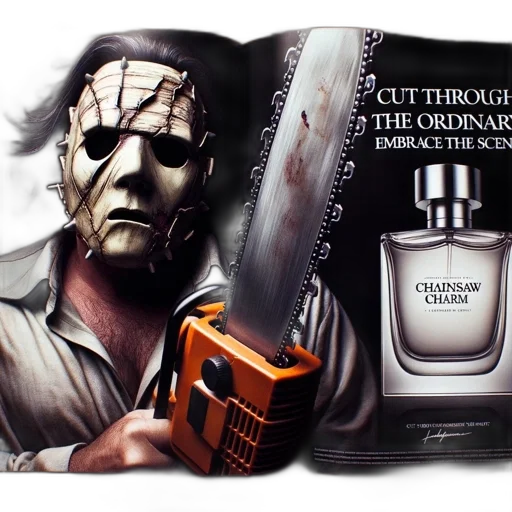 concept art, playful, mix, horror, humor, twisted, leatherface, holds transparent PNG cut-out