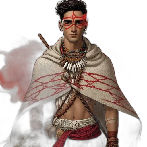 staff, concept art, fantasy art, comic book art, pixel art, red, earth tones, man transparent PNG cut-out