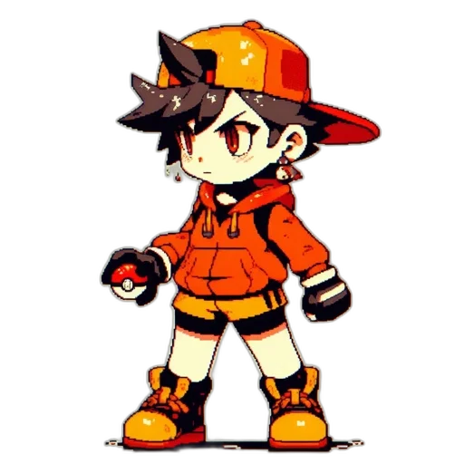 hat, staff, jacket, pixel art, cartoon, concept art, anime, red transparent PNG cut-out