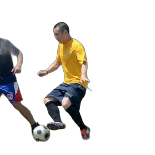 photorealistic, soccer, player, yellow, shirt, black, shorts, kicks transparent PNG cut-out