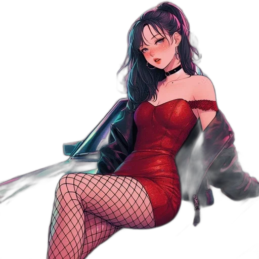 dress, weapon, watercolor, cyberpunk, anime, fantasy art, fire, neon lights transparent PNG cut-out