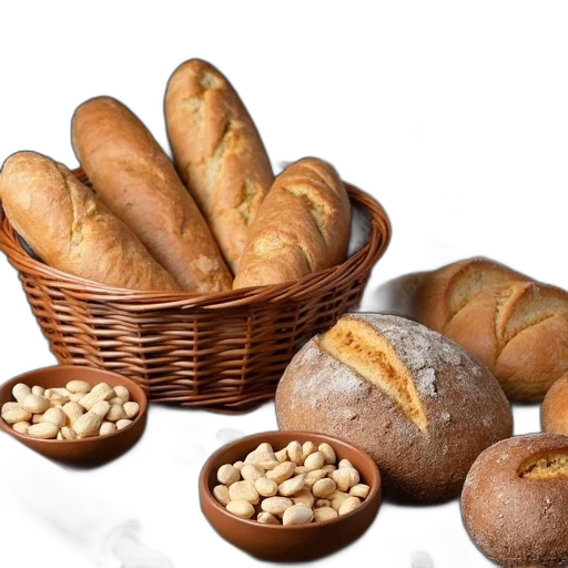 food, photorealistic, 3d render, variety, bread, loaves, rolls, displayed transparent PNG cut-out