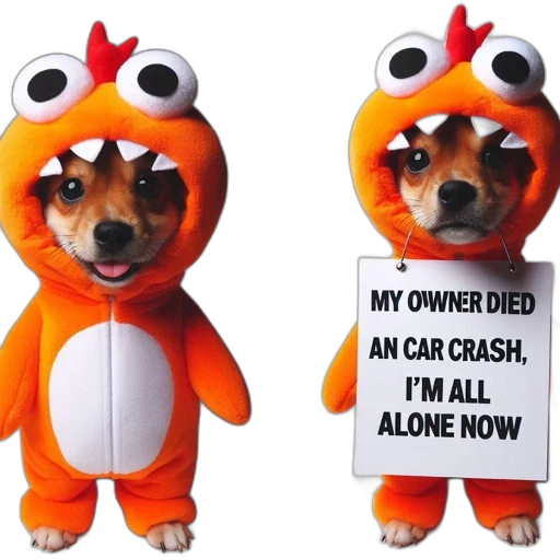 car, animal, creature, dog, wearing, orange, costume, stands transparent PNG cut-out
