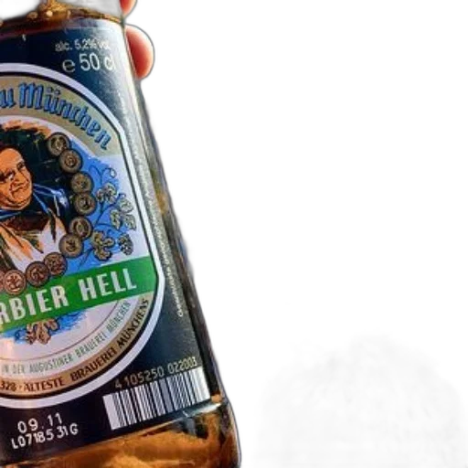 bottle, augustiner-bräu, hell, beer, held, front, crowded, outdoor transparent PNG cut-out