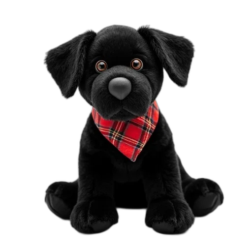 black, plush, toy, dog, red, plaid, collar, sitting transparent PNG cut-out